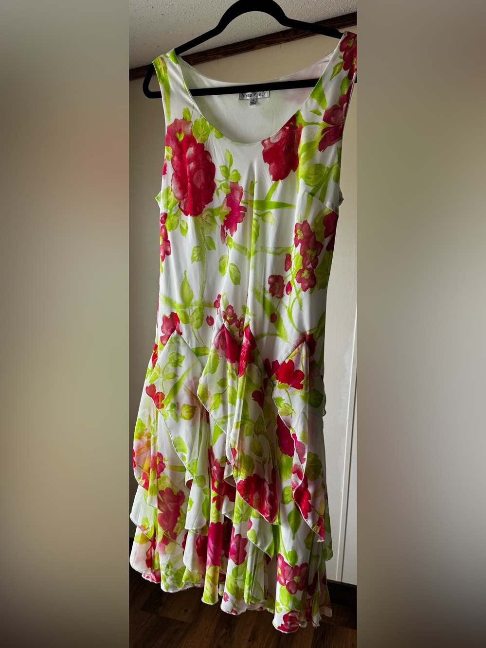 Robbie Bee White Dress with Pink & Lime Floral Accents